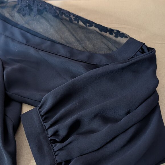 Chico s Black Label Mixed Blouse Navy Blue Button Sheer Top - Picture 7 of 10